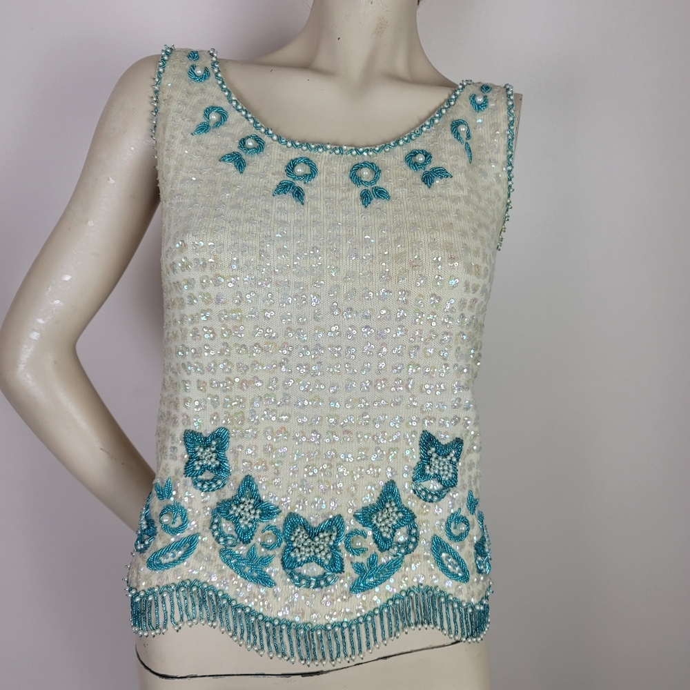 Vintage Belle Jacob wool beaded top turquoise beaded. 90s Y2k Fairycore